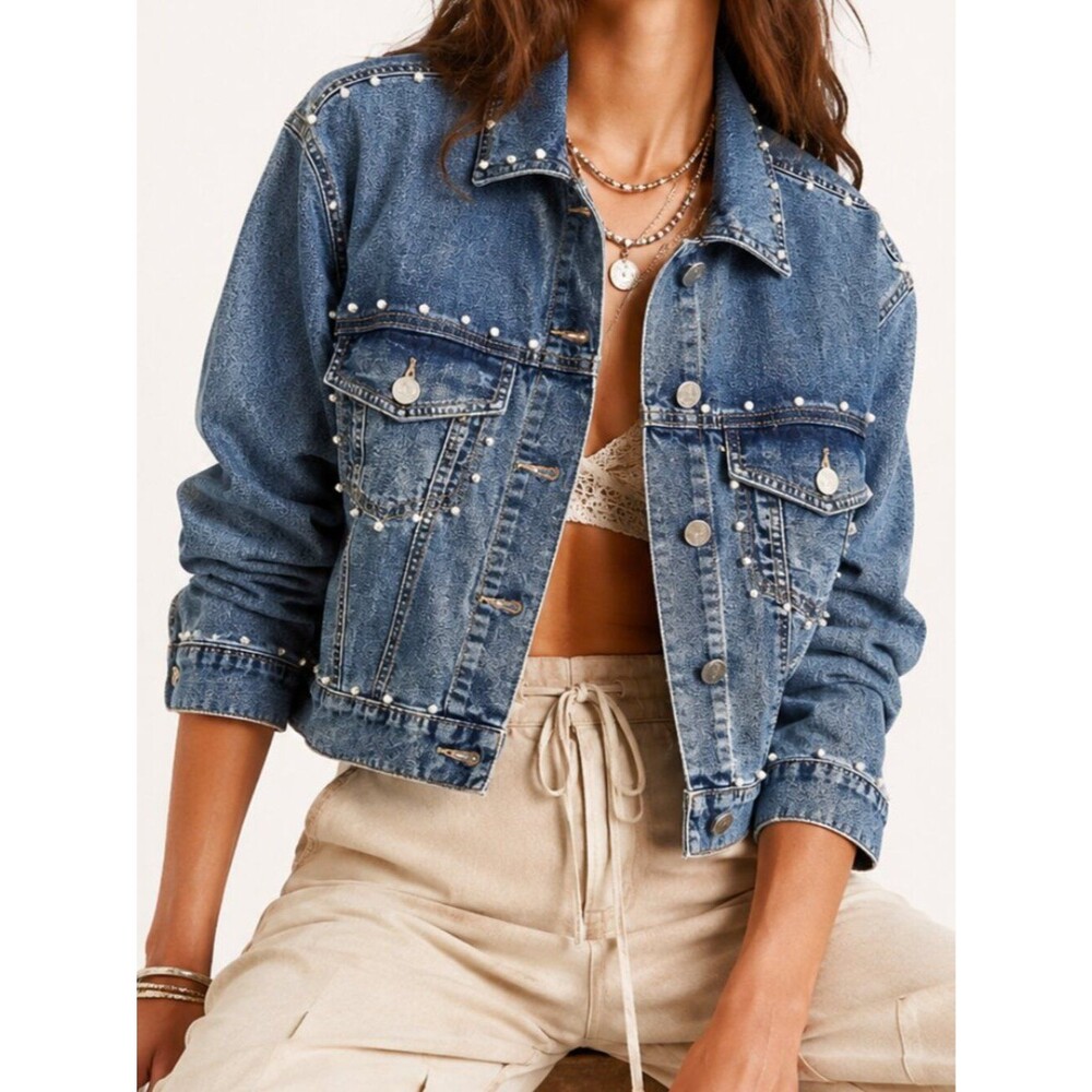 Cato Stretch Denim Jacket Pearl Stud Embellished Blue Jean Jacket XL